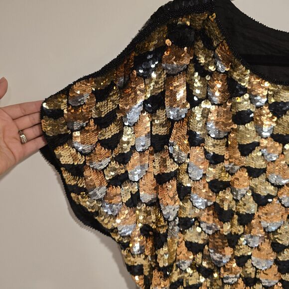 True Vintage Sequined Mermaid Fish Scale Scalloped Blouse Cocktail 100% Silk - Picture 5 of 11